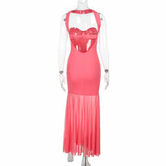 Pink Strapless Sheer Halter Long Dress