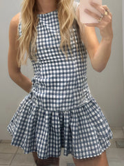Plaid Print Round Neck Ruffles Hem Sleeveless Mini Dress