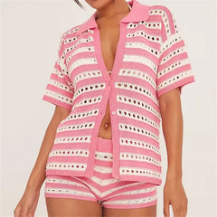 Striped Crochet Knit Short Sleeve Button Down Shirt and Shorts Hollow Out Set