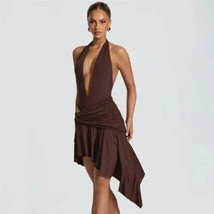 Deep V-Neck Halter Twisted Pleated Waist Irregular Hem Mini Dress