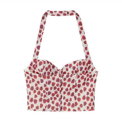 Dot Fruit Print Halter Bustier Crop Top