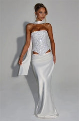 Sequins Scarf Collar Lace Up Corset Top And Satin Maxi Skirt