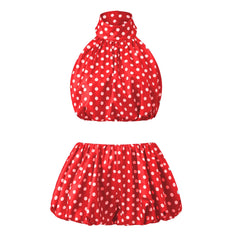 Polka Dot Halter Crop Top And Mini Bubble Skirt Set