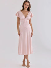 Pink Satin V-Neck Short Sleeve Tie Up Midi Dress
