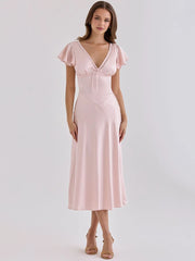 Pink Satin V-Neck Short Sleeve Tie Up Midi Dress