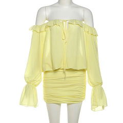 Yellow Off-Shoulder Sheer Ruched Mini Dress