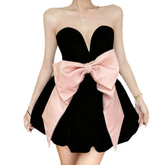 Black Strapless Puffy Dress Bow Decoration Mini Dress
