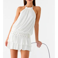 Ruffled Halter Neck Backless Metal Buckled Mini Dress