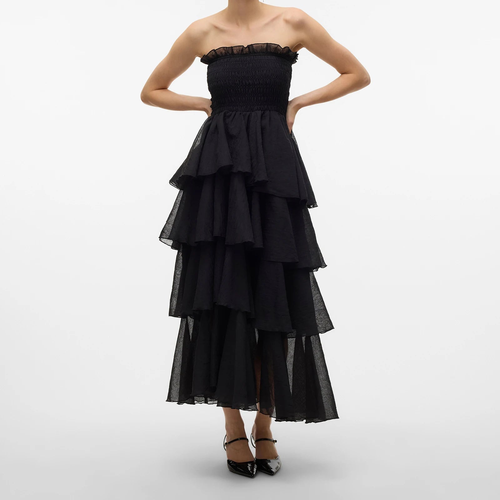 Black strapless tiered dress