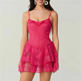 Lace Floral Tiered Ruffle Hem Short Dress