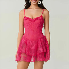 Lace Floral Tiered Ruffle Hem Short Dress