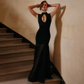 High Neck Cut Out Mesh Slit Maxi Dress