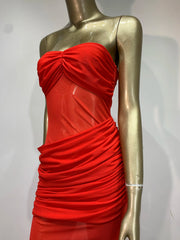 Red Strapless Mesh Ruched Maxi Dress