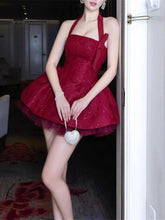 Red Jacquard Puffy Halter Mini Dress