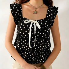 Polka Dot Square Neck Bow Tie Sleeveless Layered Blouse