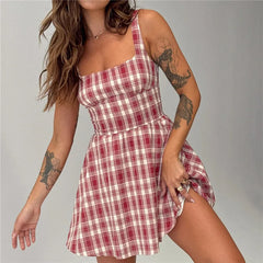 Red Plaid Print Bodice Tank Mini Dress