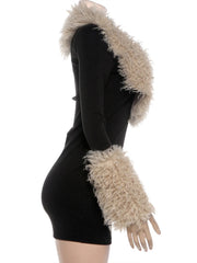 Black Long Sleeve Faux Fur Trim Mini Bodycon Dress