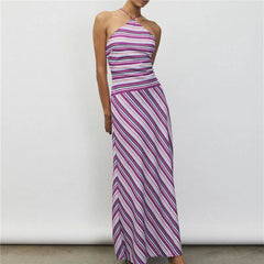 Striped Tie-Up Cross Strap Maxi Dress