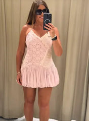 Pink Patchwork Pattern Lace Spaghetti Strap Mini Dress