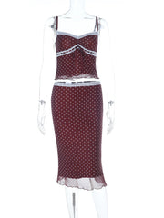 Brown Polka Dot Lace Trim Cami Top And Midi Skirt Set