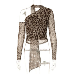 Leopard Print Sheer One Shoulder Top