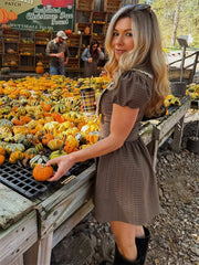 Brown Plaid Puff Short Sleeve Peterpan Collar Mini Dress