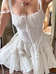 White Bow Tie Strap A-Line Mini Dress