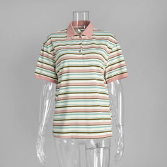 Retro Striped Short Sleeve Polo Neck T-shirt