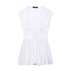 Cap Sleeve Buttoned Pleated Mini Dress