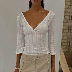 Eyelet Textured V-Neck 3/4 Flare Sleeve Top