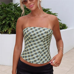 Plaid Solid Strapless Corset Top