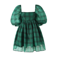 Green Gingham Puff Sleeve Organza Ball Mini Dress