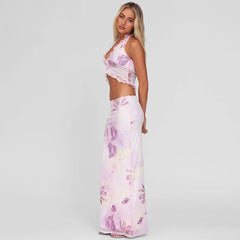Mesh Print Halter Tank Top And Maxi Skirt Set
