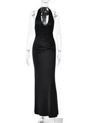 Deep V-neck Halter Lace Waist Twisted Knot Maxi Dress