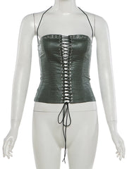 PU Leather Lace Up Corset Strapless Top And Shorts Set