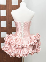 Pink Satin Corset 3d Flower Ruffles Mini Dress
