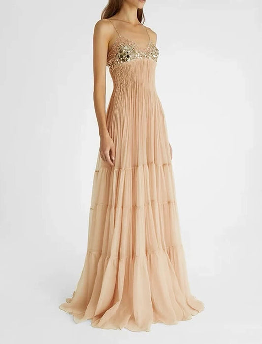 Khaki Sequin Bling Strappy Sheer Smocked Maxi Dress