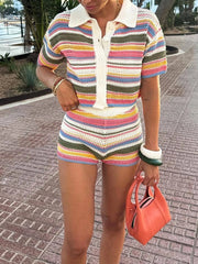 Stripe Colourful Collar Buttoned Shirt And Shorts Set
