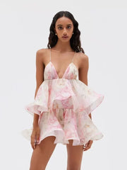 Pink Printed Deep V-Neck Spaghetti Strap Pleated Frill Mini Dress