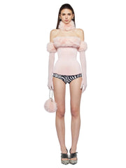 Furry Trim Strapless Top With Gloves