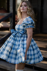 Blue Plaid Short Puff Sleeve Square Neck Bow A-line Mini Dress