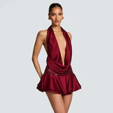 Deep Cowl Neck Halter Crop Top And Sequin Mini Skirt Set