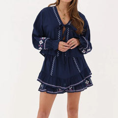 Long Sleeve Embroidered Tie Front Top And Mini Skirt Set