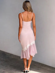 Pink Sleeveless Lace Patchwork Ruched Hem Midi Dress