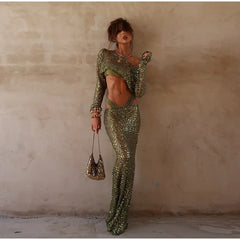 Green Sequin Long Sleeve Top And Maxi Skirt Set
