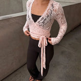 Pink V-neck Long Sleeve Lace Bandage Tie Up Crop Top