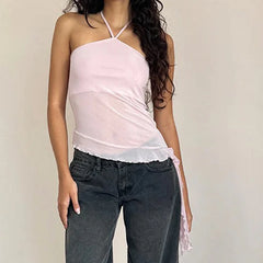 Asymmetric Hem Mesh Halter Tank Top