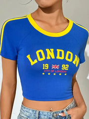 Women's blue London letter printed O-neck short-sleeved crop graphic T-shirt.
