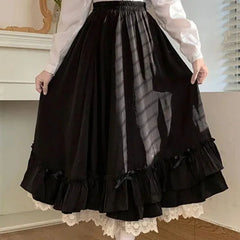 Women's ruffles lace trim bow maxi skirt in black or white.