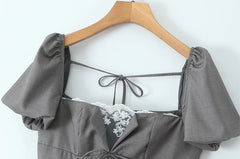 Grey Lace Patchwork Puff Sleeve Mini Dress